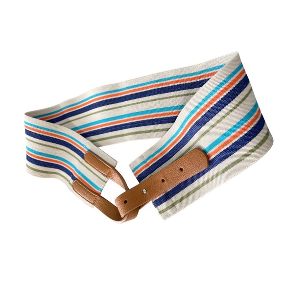Striped Elastic Waist Wide Stretch Belt One Size Multicolor Beige Faux Leather - Picture 1 of 9
